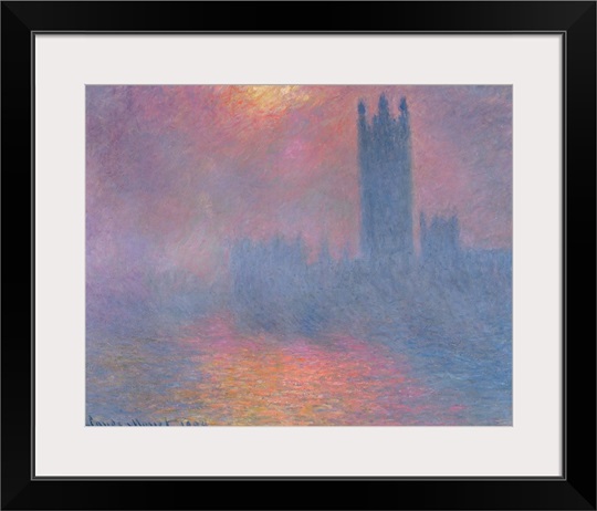 The Houses of Parliament, London, with the sun breaking through the fog