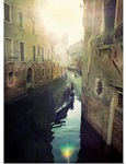 Two gondolas floating in water surrounded by old buildings.