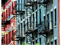 Windows and emergency stairs in New York City.