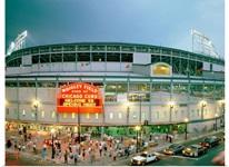 High angle view of tourists outside a baseball stadium opening night, Wrigley Field, Chicago, Illinois, 1998