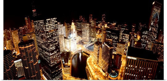 Illinois, Chicago, Chicago River, High angle view of the city at night