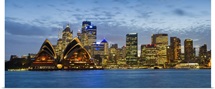Opera house and buildings lit up at dusk Sydney Opera House Sydney Harbor Sydney New South Wales Australia