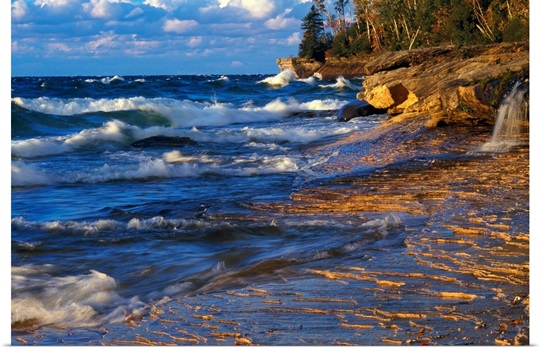 Waves along Lake Michigan shoreline, sunset light, Miners Beach, Michigan