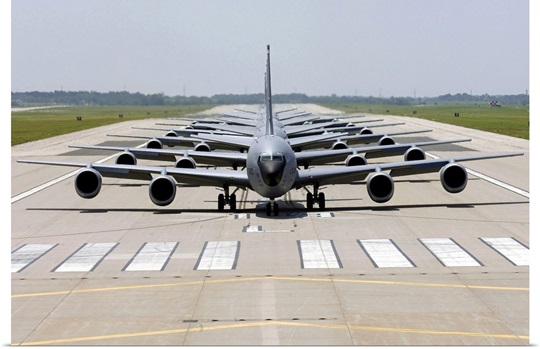 Six KC135 Stratotankers demonstrate the elephant walk formation