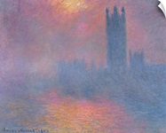 The Houses of Parliament, London, with the sun breaking through the fog