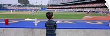 Rear view of a boy watching a baseball match, Dodgers vs. Yankees, Dodger Stadium, City of Los Angeles, California