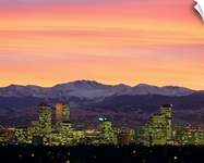 Skyline and mountains at dusk, Denver, Colorado