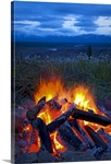 Close up view of a camp fire with a view of the Chugach Mountain in the distance