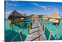 French Polynesia, Pearl Resort, Bungalows Over Beautiful Turquoise Ocean