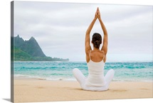 Hawaii, Kauai, Haena Beach, Woman Meditating On Sandy Shore