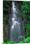 Hawaii, Maui, Hana Highway, Cascading Waterfall In Lush Tropical Rainforest