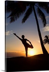 Hawaii, Maui, Olowalu, Woman Doing Yoga At Sunset Under Palm Trees
