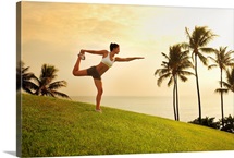 Hawaii, Oahu, Female Doing A Yoga Pose, Stretching On A Hill