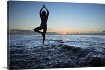 Hawaii, Oahu, Fit Young Girl On The Beach Doing Yoga On The Rocky Coastline