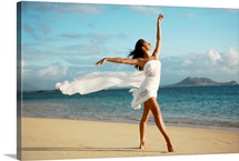 Hawaii, Oahu, Lanikai Beach, Ballet Dancer On Beach Wearing White Flowing Fabric