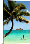 Hawaii, Oahu, Lanikai Beach, Female Stand Up Paddler On Her Way To The Mokulua Islands