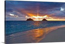 Hawaii, Oahu, Lanikai, Sunrise With The Mokulua Islands In The Distance