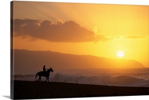 Hawaii, Oahu, North Shore, Girl On Horseback At Sunset On Beach