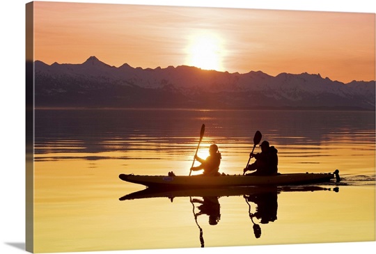 Kayakers paddle in Lynn Canal with the Chilkat Mountains, Tongass Forest, Alaska
