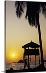 Mexico, Ixtapa Coast, Beach Bungalow And Palm Tree Silhouette At Sunset