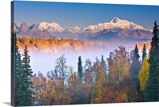Morning sun lights up Mount McKinley as fog covers the Chulitna River valley, Alaska
