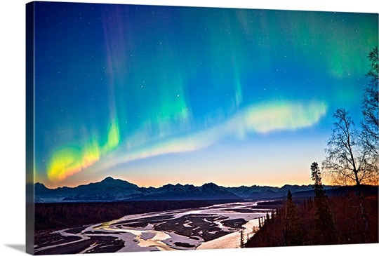 Northern Lights in the sky above Mount McKinley at twilight, Alaska