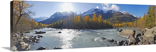 Panorama view of Rapids Camp along Eagle River in Chugach State Park