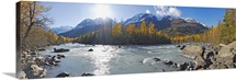 Panorama view of Rapids Camp along Eagle River in Chugach State Park