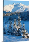 Scenic view of Chugach Mountains and snowcovered landscape, Southcentral Alaska, Winter