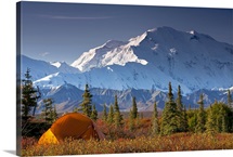 Scenic view of Mt. McKinley in the morning with tent in the foreground