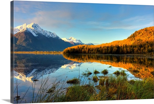 Scenic view of Pioneer Peak reflecting in Jim Lake in Mat-Su Valley, Alaska