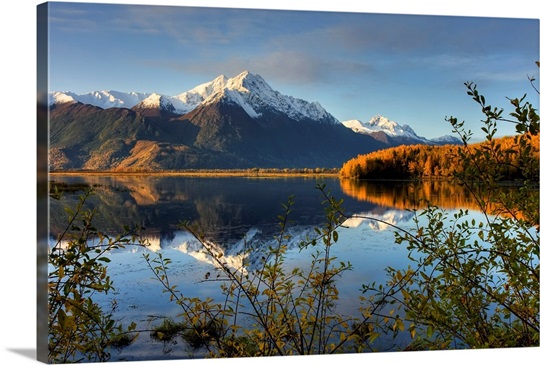Scenic view of Pioneer Peak reflecting in Jim Lake in Mat Su Valley, Alaska
