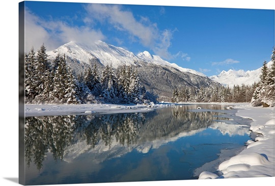 Scenic winter landscape of Mendenhall River, Mendenhall Glacier and Towers