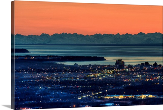 The city of Anchorage Alaska at sunset with Cook Inlet in the background
