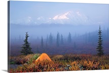Wonder Lake campground with tent in the foreground and Denali partially osbsured by fog