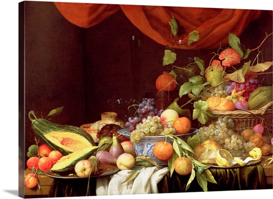 A Still Life of Fruit on a Draped Ledge (oil on canvas)