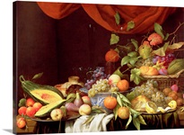 A Still Life of Fruit on a Draped Ledge (oil on canvas)