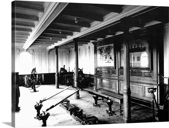 The onboard gym on the Titanic showing the rowing machines and exercise bikes, 1912