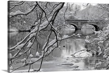 Arch bridge over partially frozen river seen trough snow covered branches.