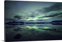 Aurora borealis over Jokulsarlon glacial lagoon in south Iceland.