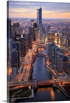 Chicago River and Trump Tower from above during sunset with clear crisp skies.