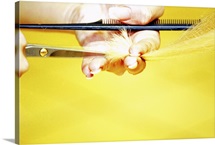 Close-up of a hairdresser's hand cutting a woman's hair
