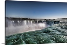 Close up view of clear water of Horseshoe waterfalls in Canadian side of Niagara Falls.