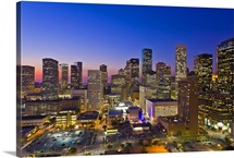 Dowtown city skyline at dusk/sunset/night, Houston, Texas, USA.