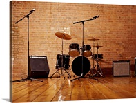 Drum Kit, Microphones and Loudspeakers in a Studio