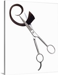 Hairdressing scissors with lock of hair in blades