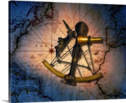 Historic sextant with old world map in background