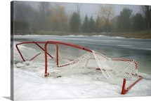 Hockey net left from season in melting snow at Ottawa, Ontario, Canada.