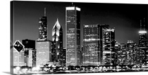 Night view of Chicago's famous cityscape, an American landmark.
