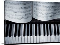 Piano keys and music book detail.
